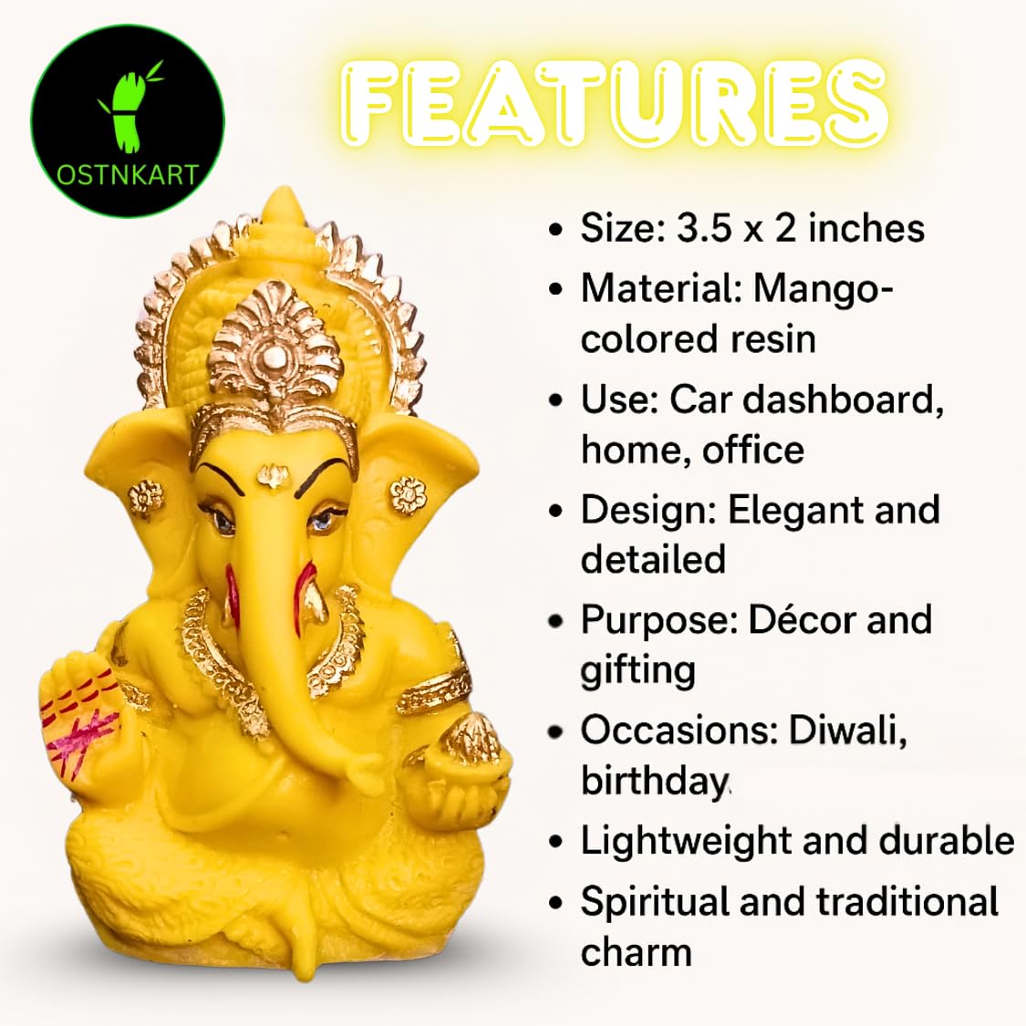 Resin Ganesh Idol for Car Dashboard 3.5 inch, Yellow