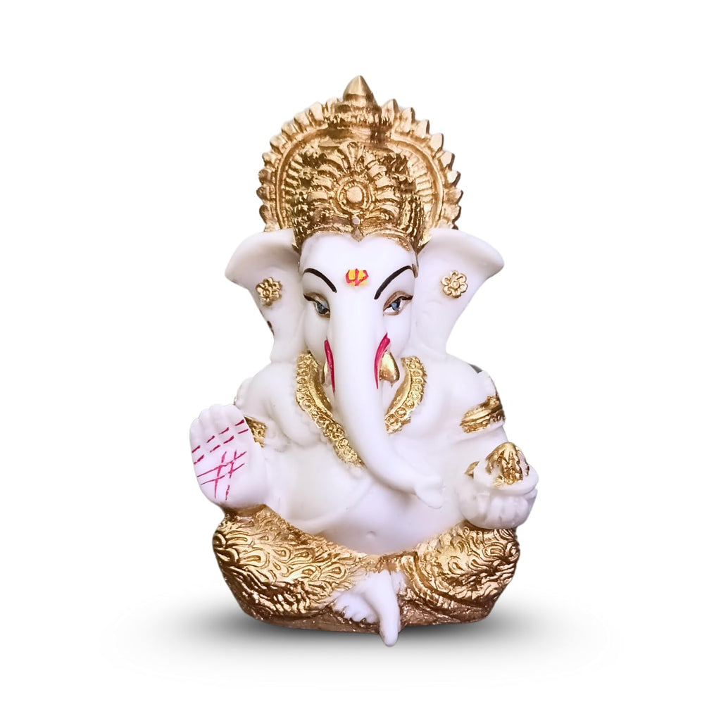 Resin Ganesh Idol for Car Dashboard 3.5 inch,White and Gold