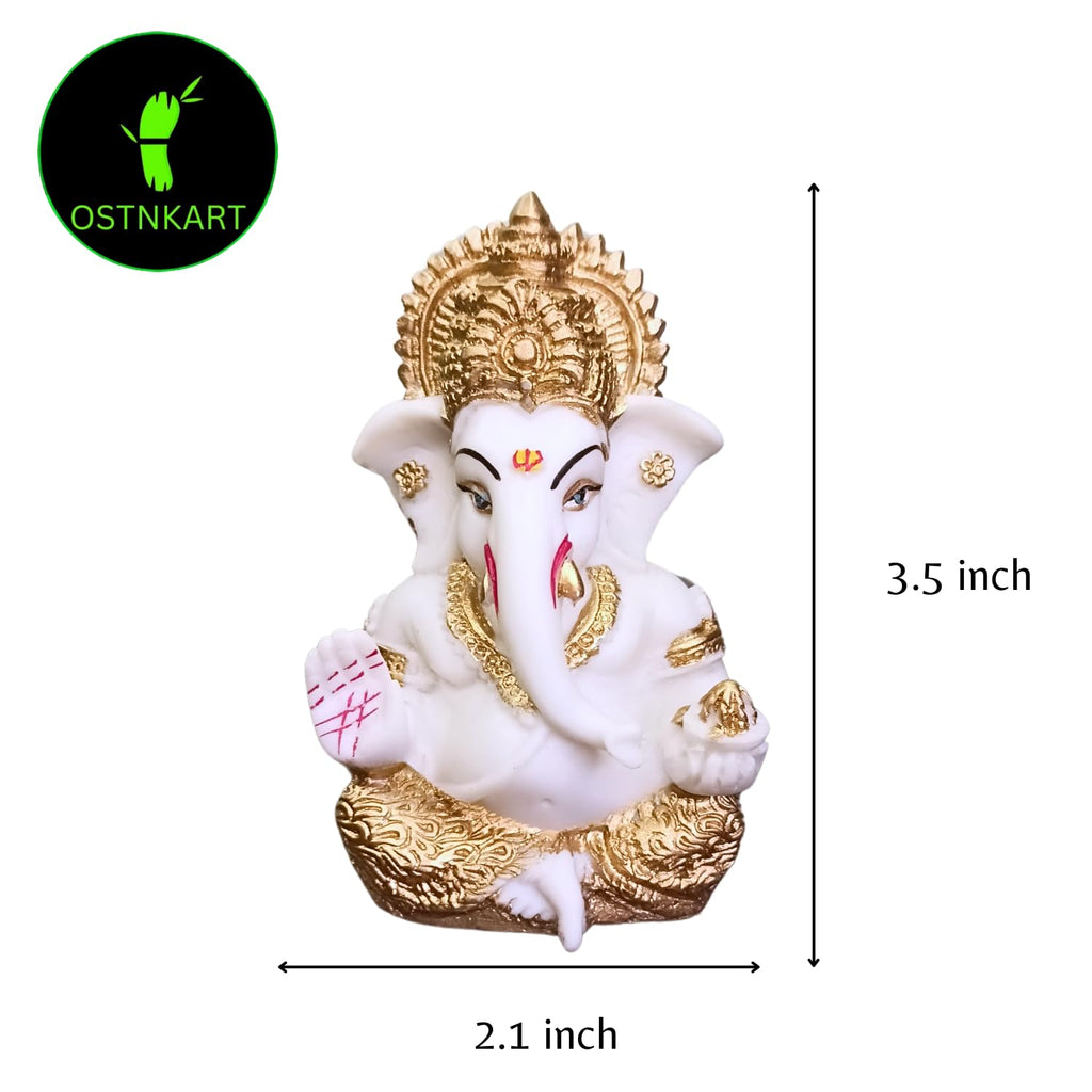 Resin Ganesh Idol for Car Dashboard 3.5 inch,White and Gold