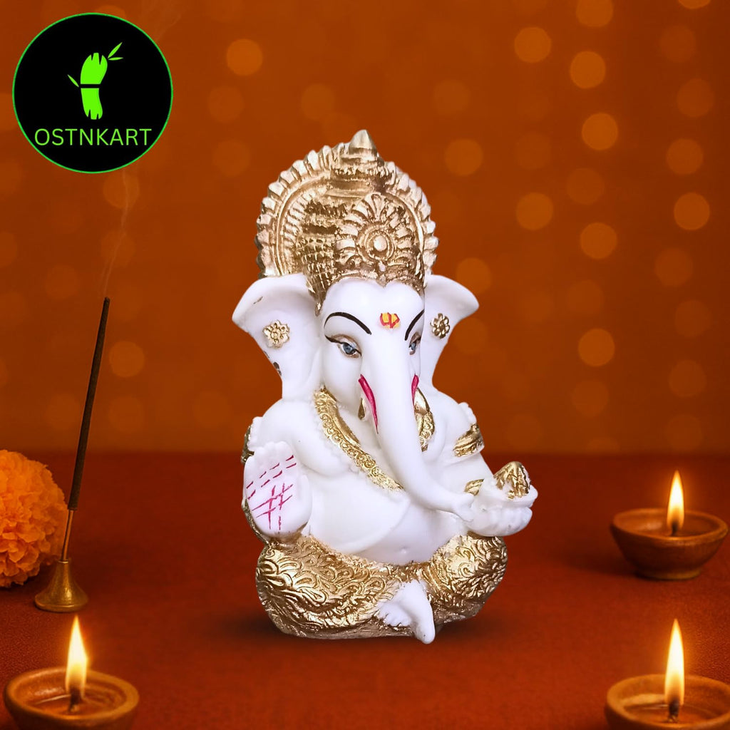 Resin Ganesh Idol for Car Dashboard 3.5 inch,White and Gold