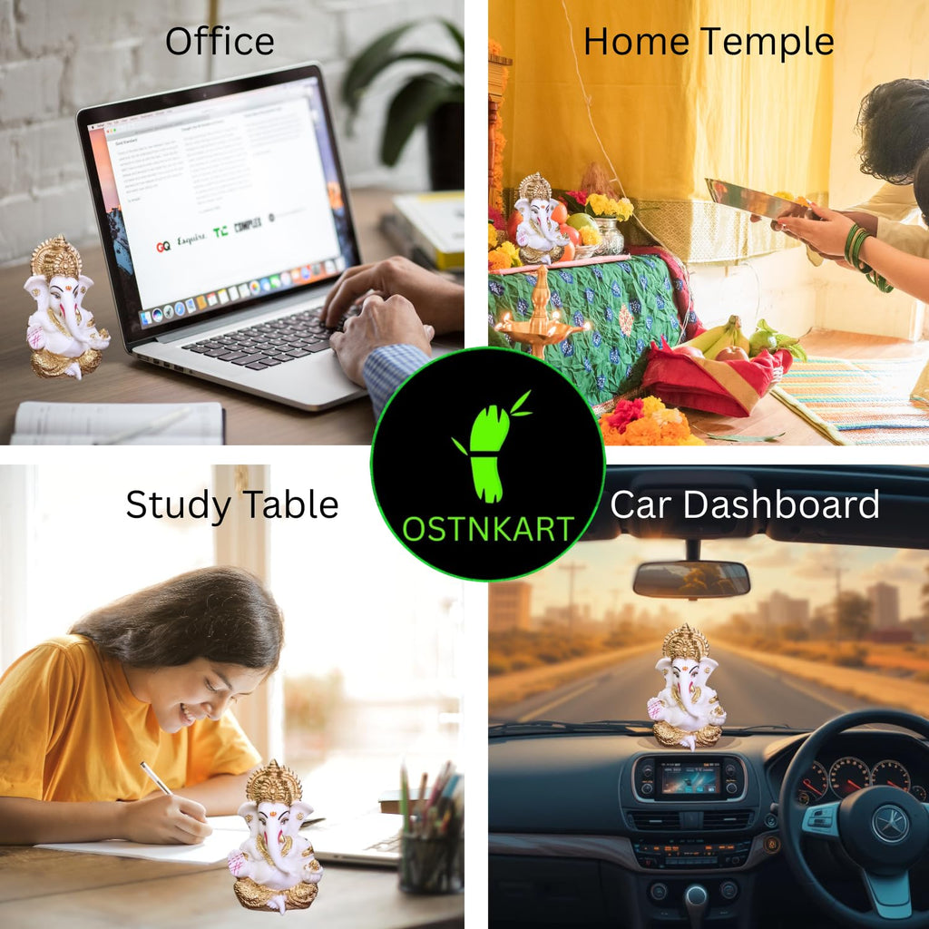 Resin Ganesh Idol for Car Dashboard 3.5 inch,White and Gold