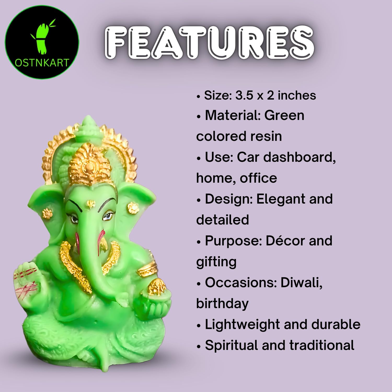Resin Ganesh Idol for Car Dashboard 3.5 inch, Green