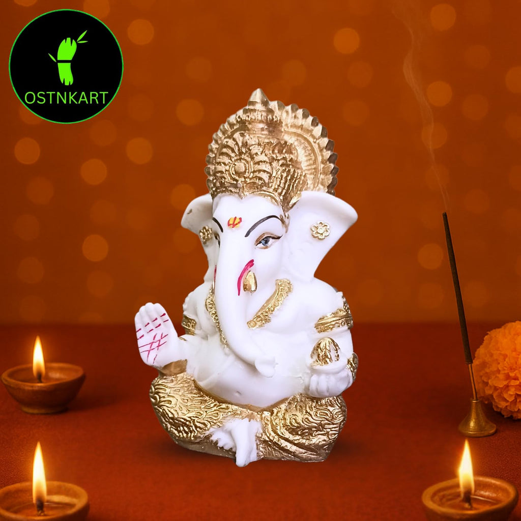 Resin Ganesh Idol for Car Dashboard 3.5 inch,White and Gold