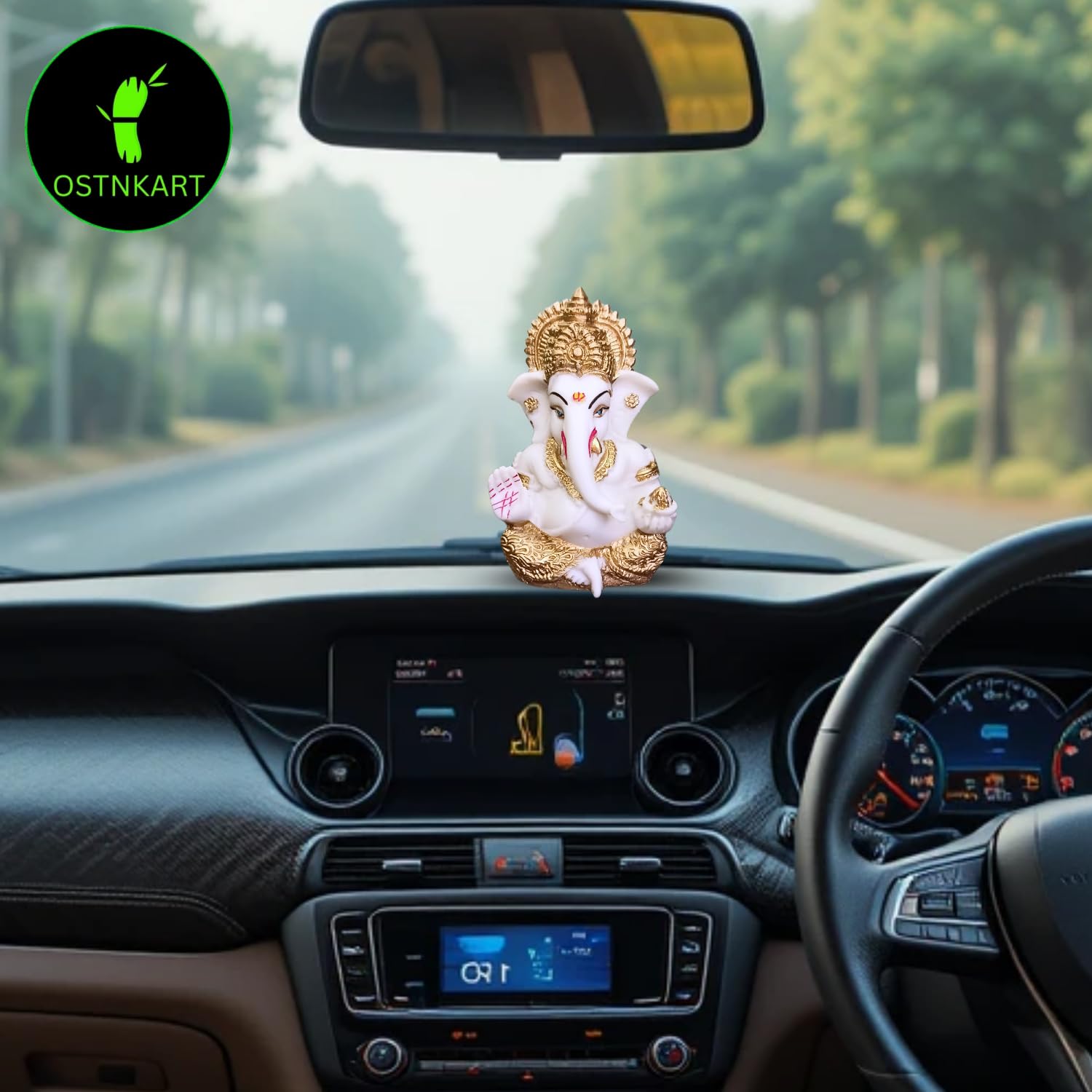 Resin Ganesh Idol for Car Dashboard 3.5 inch,White and Gold
