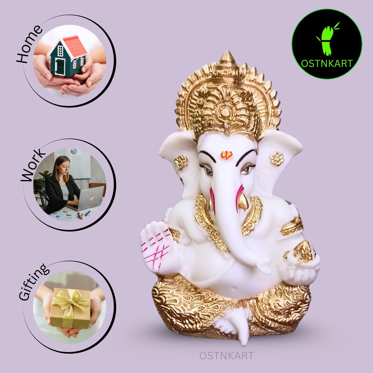 Resin Ganesh Idol for Car Dashboard 3.5 inch,White and Gold