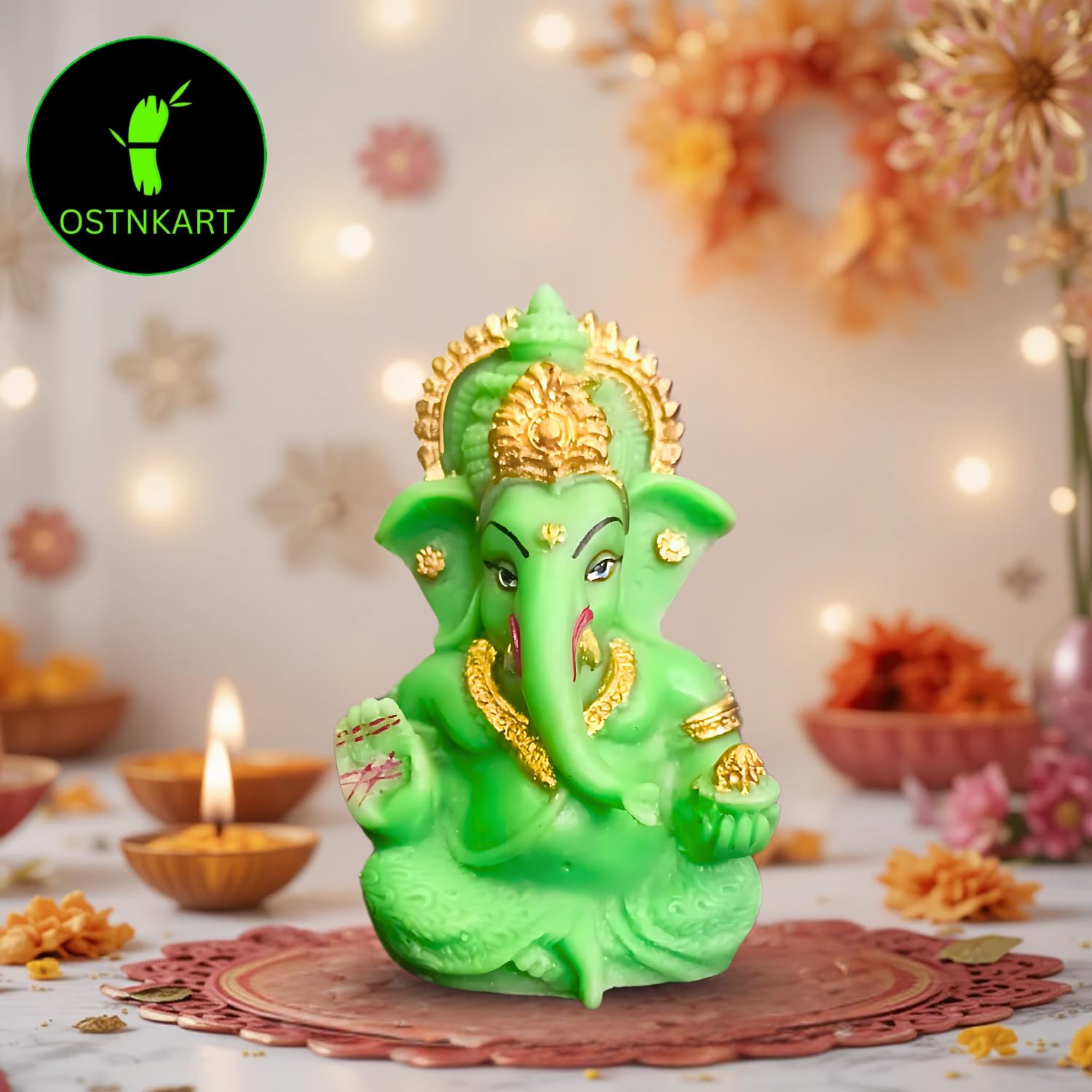 Resin Ganesh Idol for Car Dashboard 3.5 inch, Green