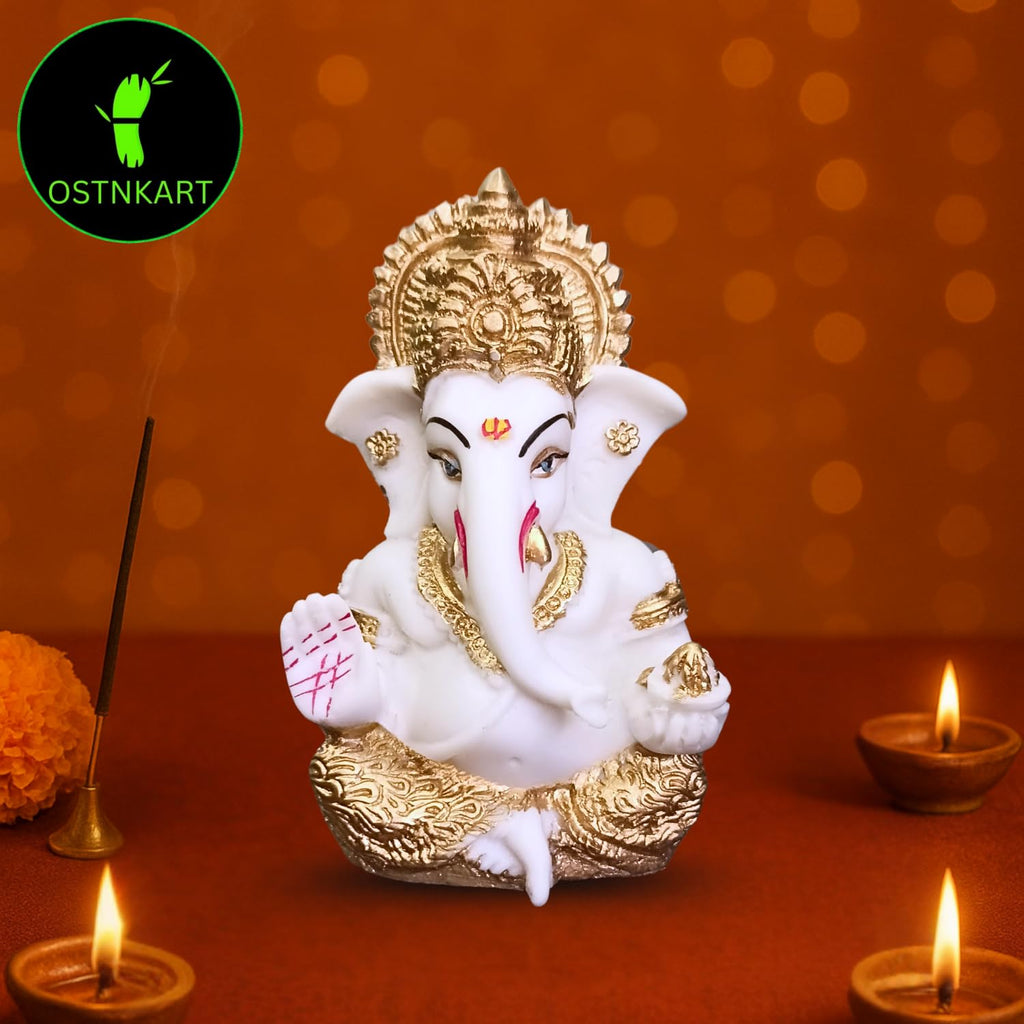Resin Ganesh Idol for Car Dashboard 3.5 inch,White and Gold