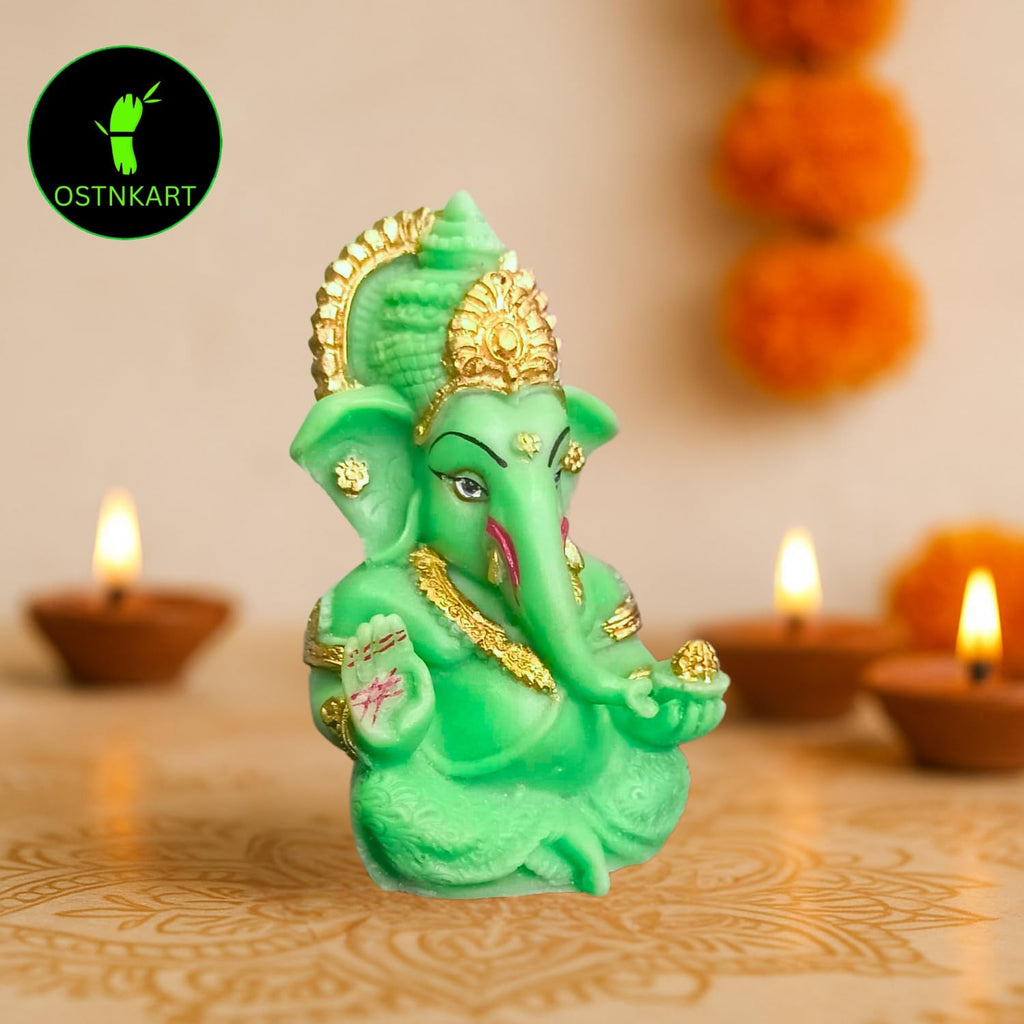 Resin Ganesh Idol for Car Dashboard 3.5 inch, Green
