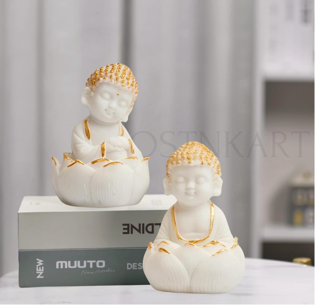 Buddha Kids Resin Figurine Set – White & Gold (Lotus Pose)