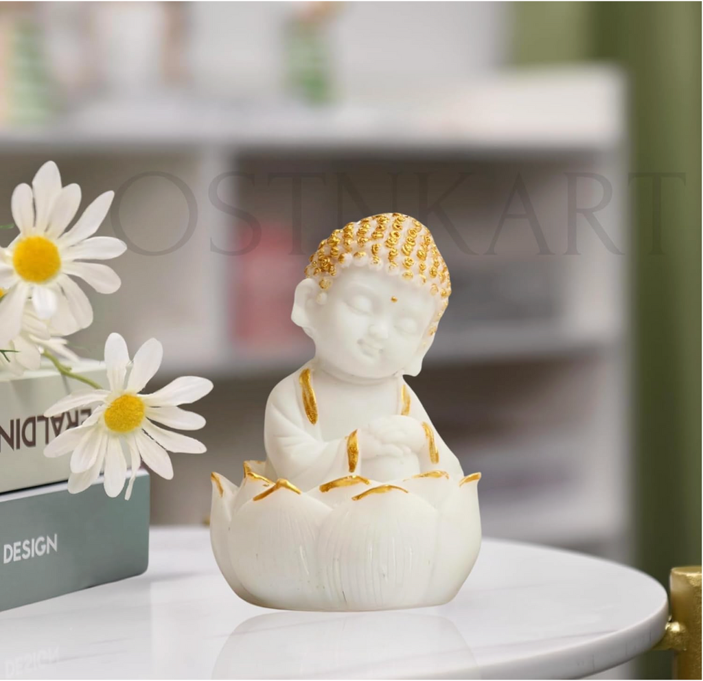 Buddha Kids Resin Figurine Set – White & Gold (Lotus Pose)