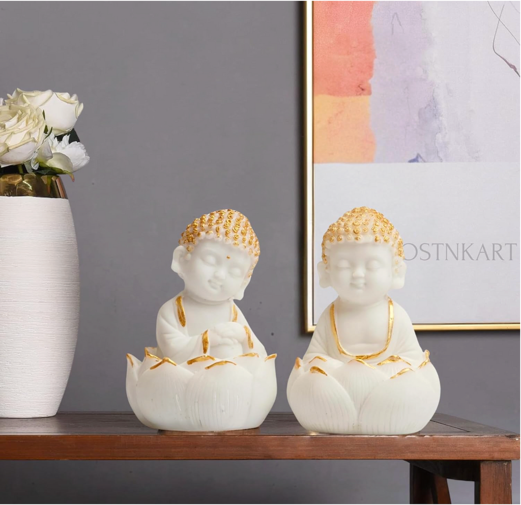 Buddha Kids Resin Figurine Set – White & Gold (Lotus Pose)