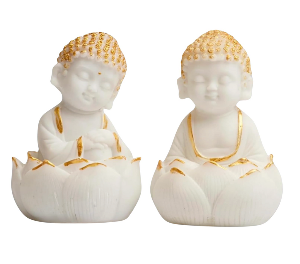 Buddha Kids Resin Figurine Set – White & Gold (Lotus Pose)