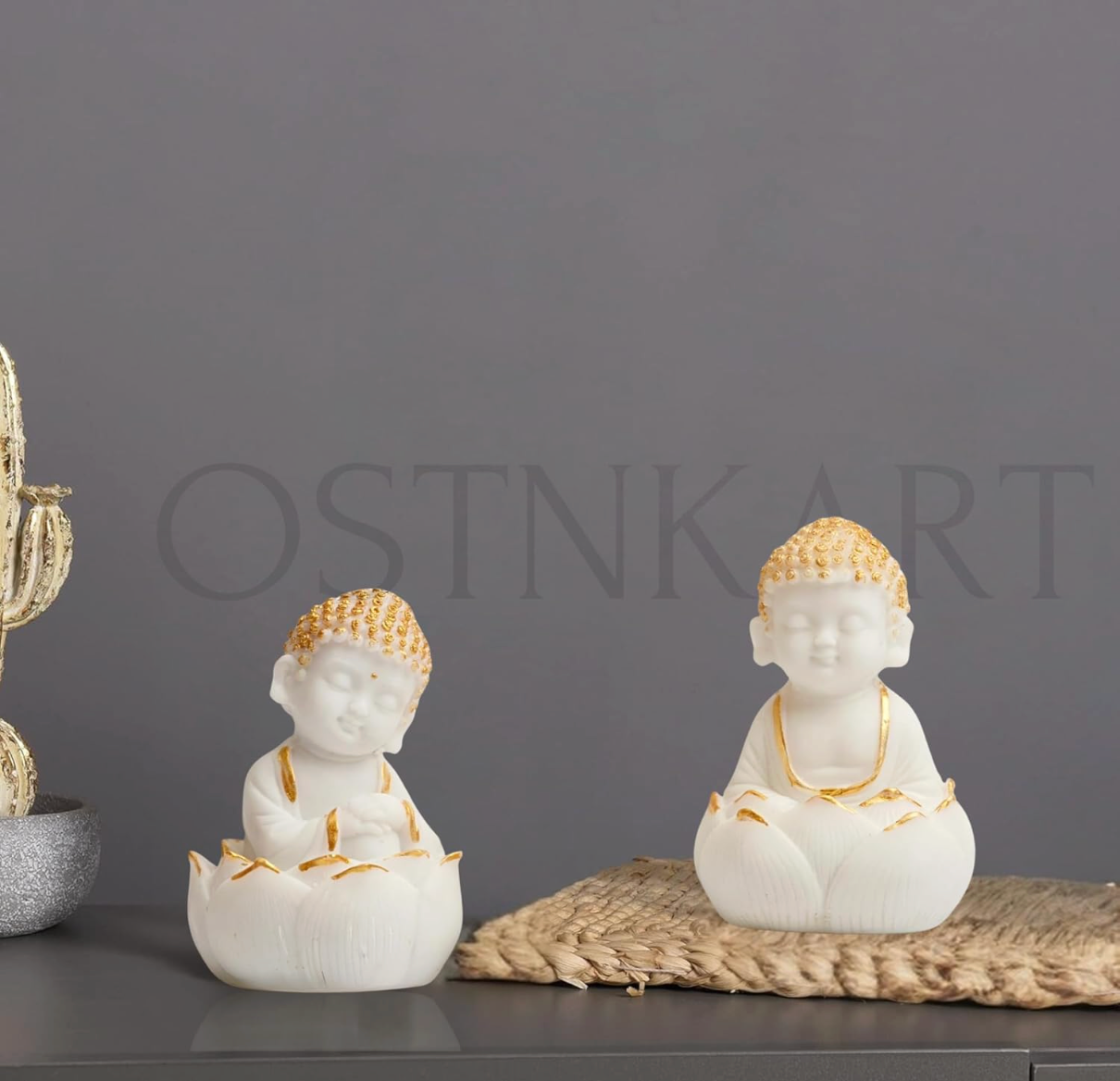 Buddha Kids Resin Figurine Set – White & Gold (Lotus Pose)