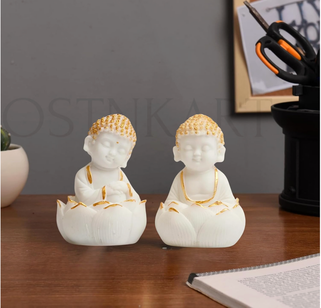 Buddha Kids Resin Figurine Set – White & Gold (Lotus Pose)